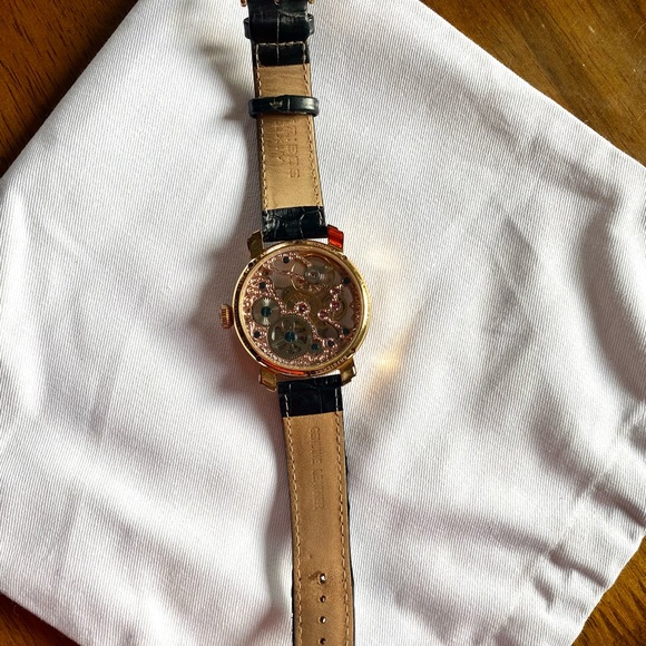 Akribos XXIV AK418RG Rose Gold Mechanical Skeleton Watch w/Black Leather band - Picture 6 of 8